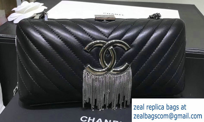 Chanel Chevron Lambskin/Chains Metallic Fringe Evening Bag Black 2018