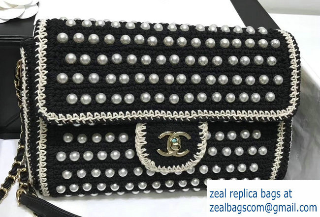 Chanel Crochet with Pearls Flap Bag Black 2018