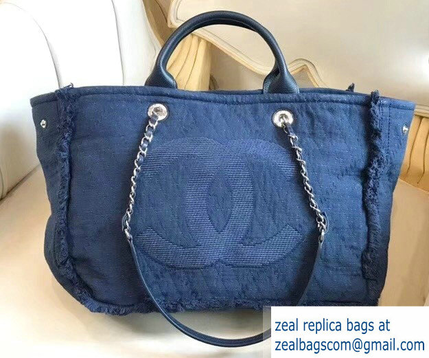 Chanel Fabric Double Face Medium Deauville Canvas Shopping Tote Bag Blue 2018 - Click Image to Close
