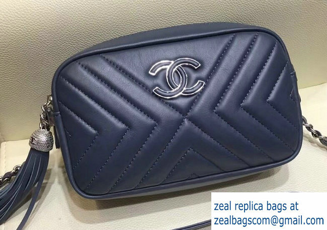 Chanel Fringe Calfskin Mini Camera Case Bag A57617 Navy Blue 2018