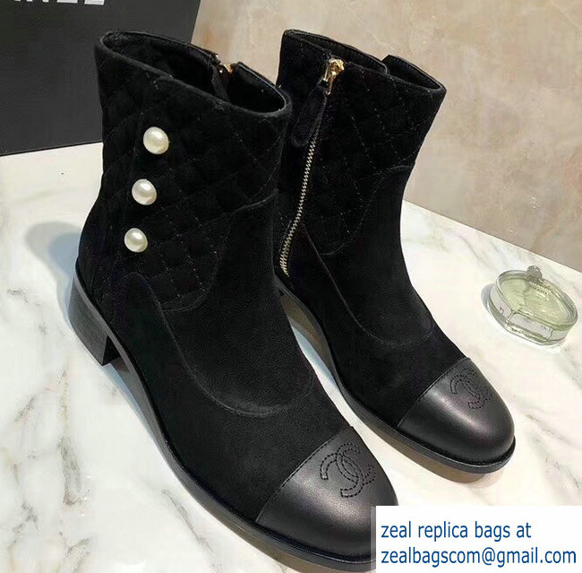 Chanel Pearls Short Boots G34074 Suede Black 2018 - Click Image to Close
