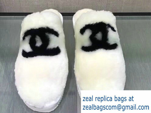 Chanel Shearling Fur CC Logo Slipper Sandals White 2018