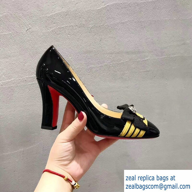 Christian Louboutin Heel 8.5CM Yellow Stripe Pumps Patent Black - Click Image to Close