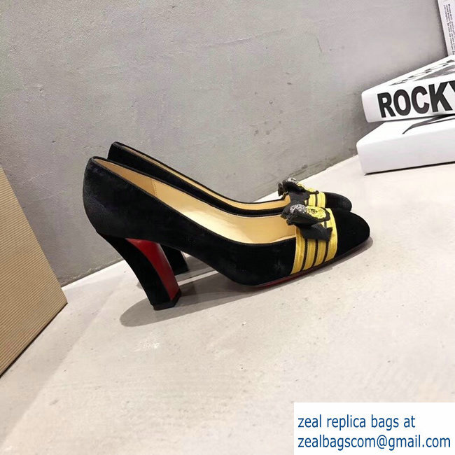 Christian Louboutin Heel 8.5CM Yellow Stripe Pumps Suede Black - Click Image to Close
