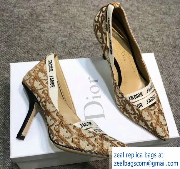 Dior Heel 9.5cm J'Adior And Double Ribbon Pumps In Obliuqe Jacquard Canvas Brown 2019 - Click Image to Close