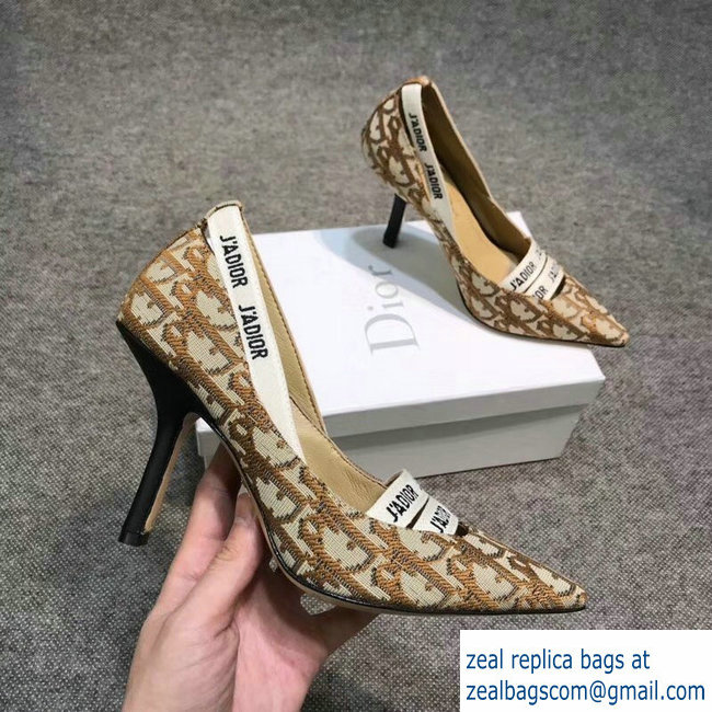 Dior Heel 9.5cm J'Adior And Double Ribbon Pumps In Obliuqe Jacquard Canvas Brown 2019 - Click Image to Close