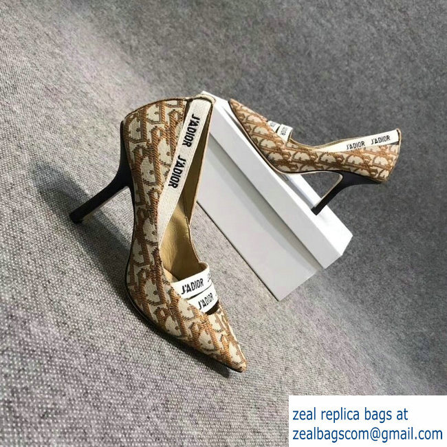 Dior Heel 9.5cm J'Adior And Double Ribbon Pumps In Obliuqe Jacquard Canvas Brown 2019 - Click Image to Close