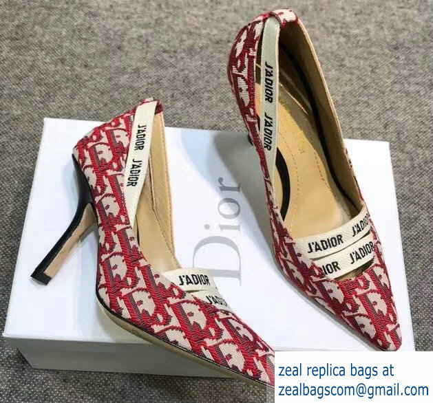 Dior Heel 9.5cm J'Adior And Double Ribbon Pumps In Obliuqe Jacquard Canvas Red 2019 - Click Image to Close