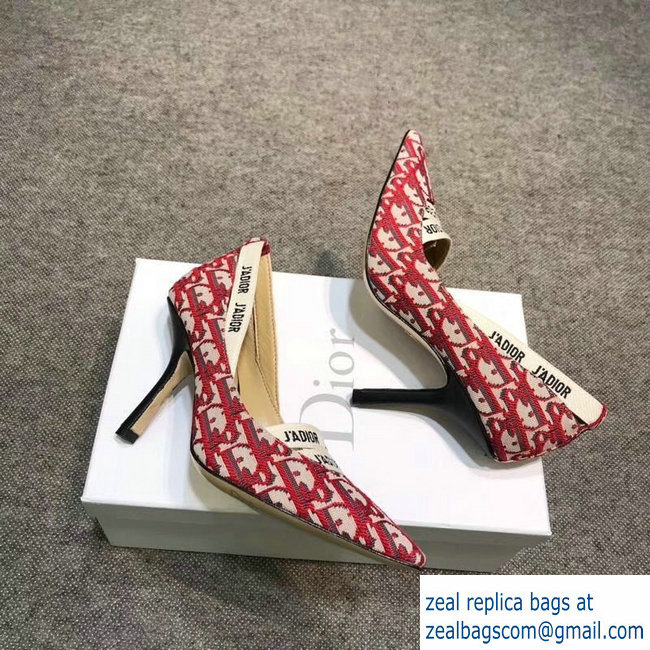 Dior Heel 9.5cm J'Adior And Double Ribbon Pumps In Obliuqe Jacquard Canvas Red 2019 - Click Image to Close