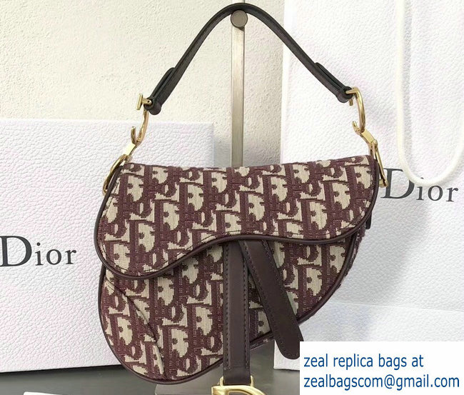 Dior Mini Saddle Bag In Burgundy Oblique Jacquard Canvas 2018