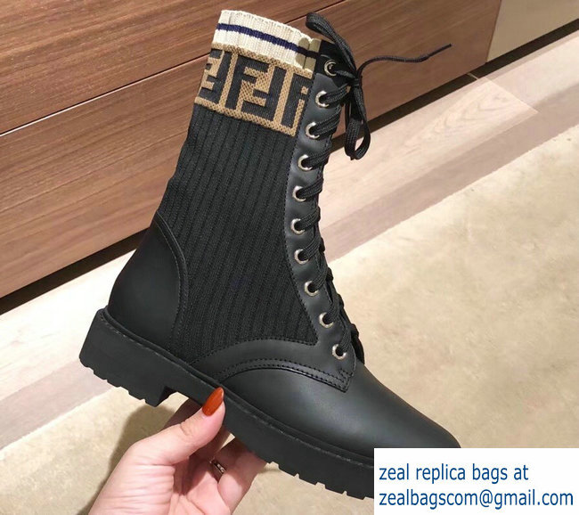 Fendi FF Logo Beige Stretch Ribbed Fabric and Leather Rockoko Combat Ankle Boots Black 2018 - Click Image to Close