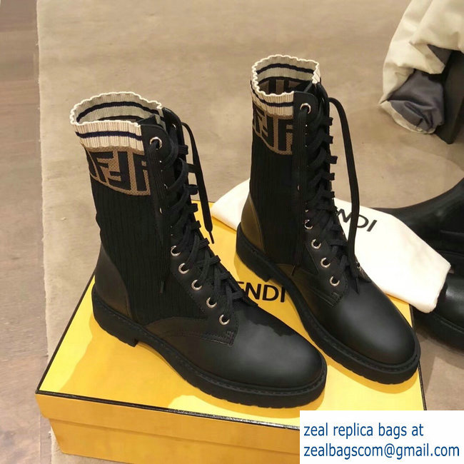 Fendi FF Logo Beige Stretch Ribbed Fabric and Leather Rockoko Combat Ankle Boots Black 2018