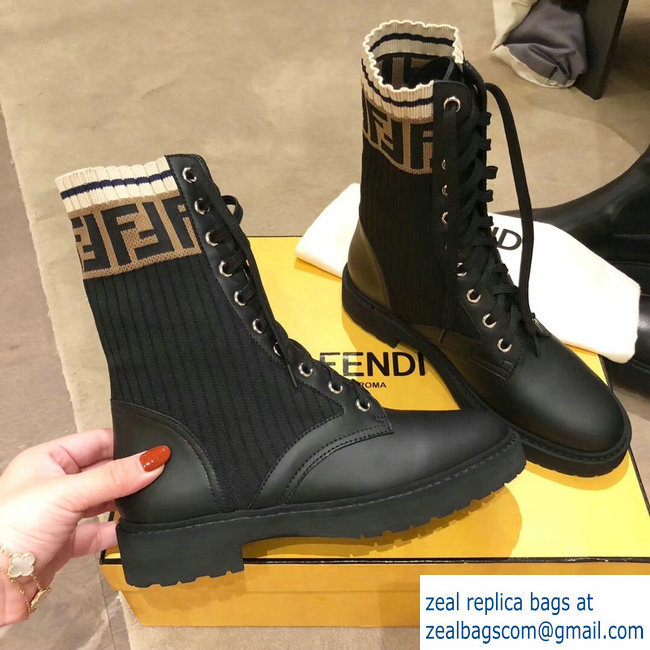 Fendi FF Logo Beige Stretch Ribbed Fabric and Leather Rockoko Combat Ankle Boots Black 2018