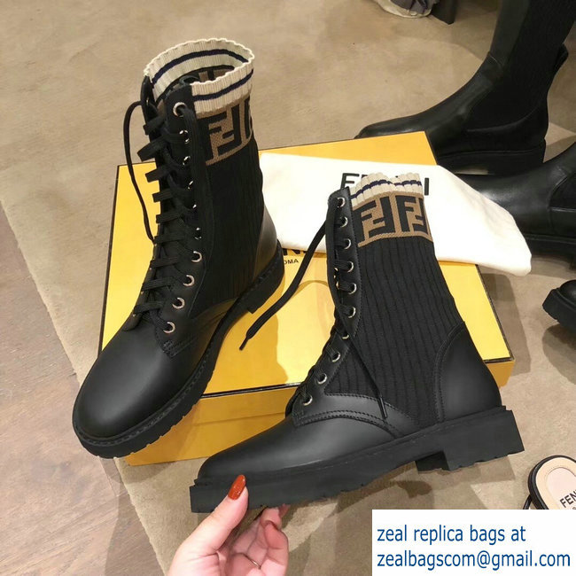 Fendi FF Logo Beige Stretch Ribbed Fabric and Leather Rockoko Combat Ankle Boots Black 2018