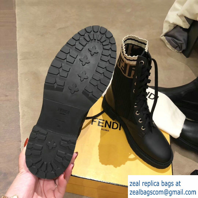 Fendi FF Logo Beige Stretch Ribbed Fabric and Leather Rockoko Combat Ankle Boots Black 2018