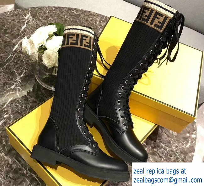 Fendi FF Logo Beige Stretch Ribbed Fabric and Leather Rockoko Combat Boots Black 2018 - Click Image to Close