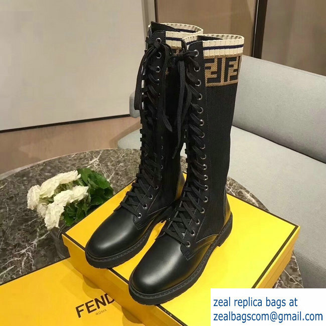 Fendi FF Logo Beige Stretch Ribbed Fabric and Leather Rockoko Combat Boots Black 2018