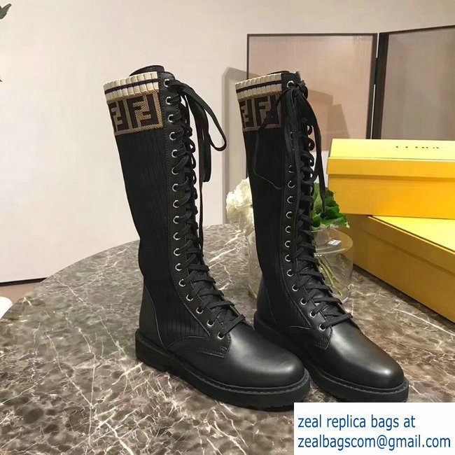 Fendi FF Logo Beige Stretch Ribbed Fabric and Leather Rockoko Combat Boots Black 2018