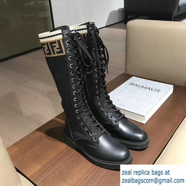 Fendi FF Logo Beige Stretch Ribbed Fabric and Leather Rockoko Combat Boots Black 2018