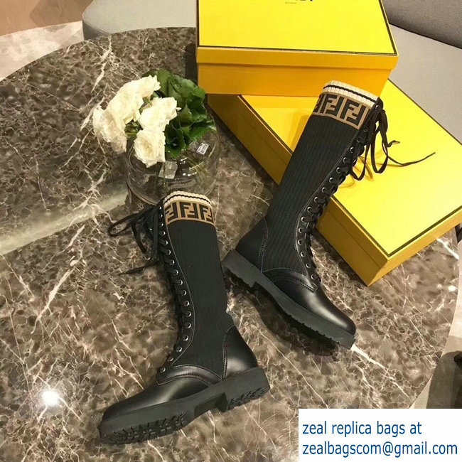 Fendi FF Logo Beige Stretch Ribbed Fabric and Leather Rockoko Combat Boots Black 2018