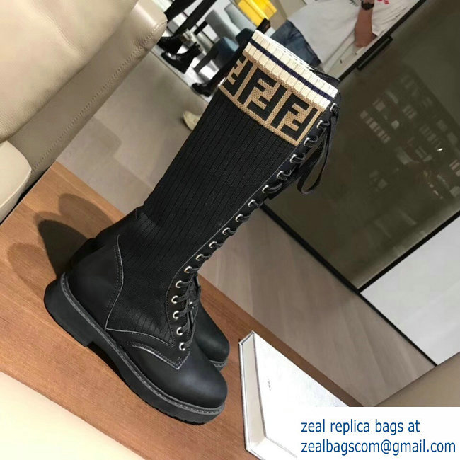 Fendi FF Logo Beige Stretch Ribbed Fabric and Leather Rockoko Combat Boots Black 2018 - Click Image to Close