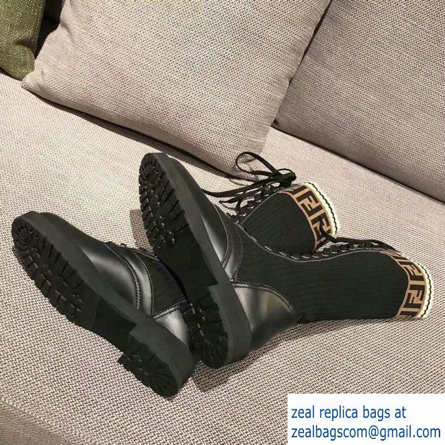 Fendi FF Logo Beige Stretch Ribbed Fabric and Leather Rockoko Combat Boots Black 2018 - Click Image to Close