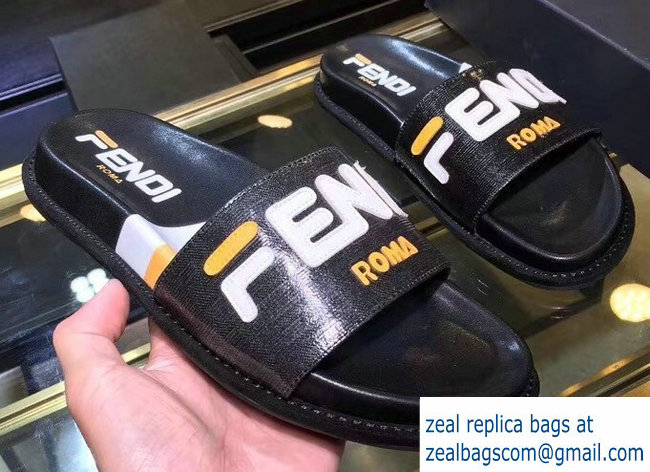 Fendi Glazed Fabric FF Mania Logo Slides Black 2018 - Click Image to Close