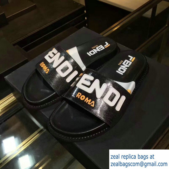 Fendi Glazed Fabric FF Mania Logo Slides Black 2018 - Click Image to Close