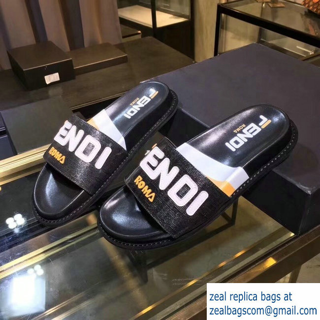 Fendi Glazed Fabric FF Mania Logo Slides Black 2018 - Click Image to Close