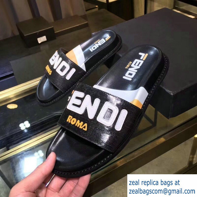 Fendi Glazed Fabric FF Mania Logo Slides Black 2018 - Click Image to Close