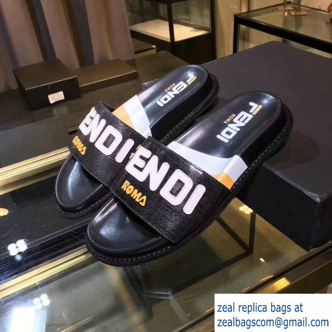 Fendi Glazed Fabric FF Mania Logo Slides Black 2018 - Click Image to Close