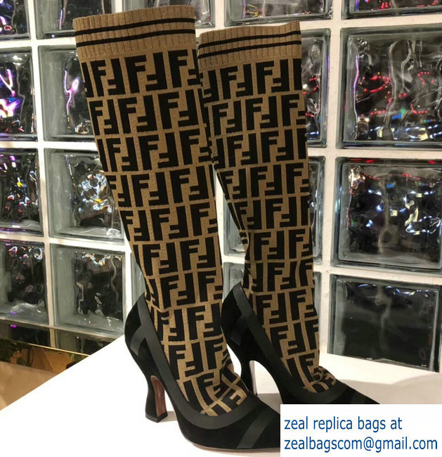 Fendi Heel 10.5cm All-Over FF Stretch Fabric Stocking Boots 2018