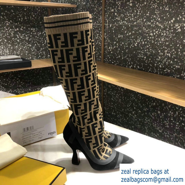 Fendi Heel 10.5cm All-Over FF Stretch Fabric Stocking Boots 2018