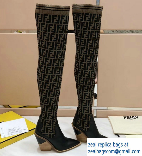 Fendi Heel 10cm All-Over FF Stretch Fabric Stocking Thigh-High Boots Brown 2018 - Click Image to Close