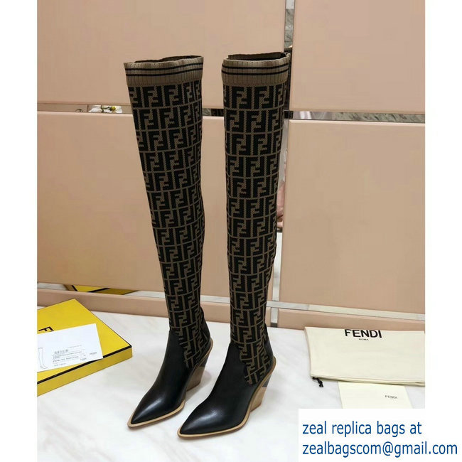 Fendi Heel 10cm All-Over FF Stretch Fabric Stocking Thigh-High Boots Brown 2018 - Click Image to Close