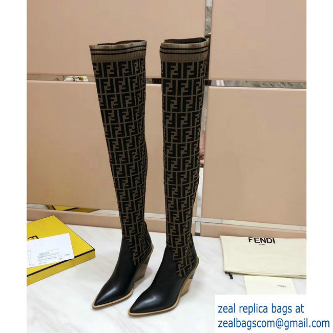 Fendi Heel 10cm All-Over FF Stretch Fabric Stocking Thigh-High Boots Brown 2018