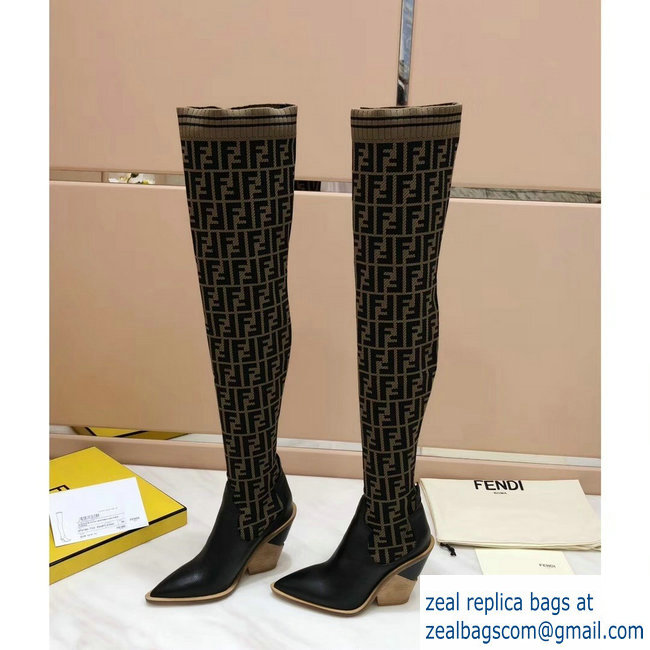 Fendi Heel 10cm All-Over FF Stretch Fabric Stocking Thigh-High Boots Brown 2018
