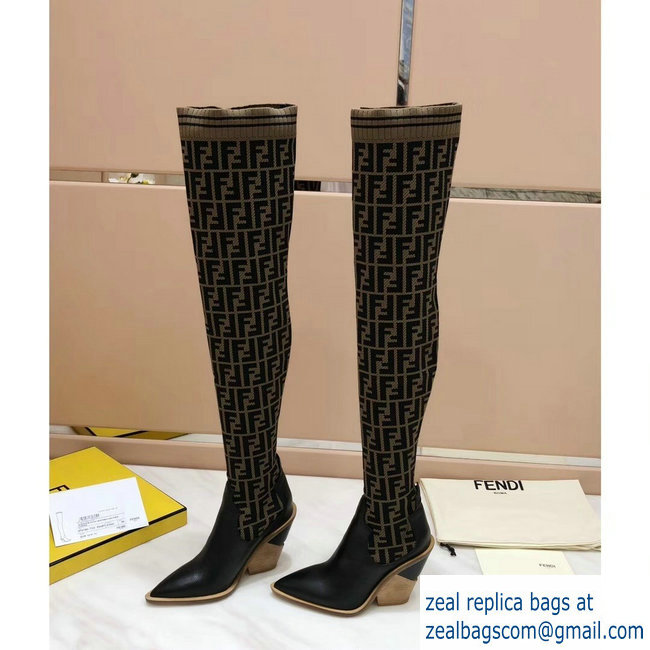 Fendi Heel 10cm All-Over FF Stretch Fabric Stocking Thigh-High Boots Brown 2018 - Click Image to Close