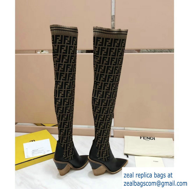 Fendi Heel 10cm All-Over FF Stretch Fabric Stocking Thigh-High Boots Brown 2018 - Click Image to Close