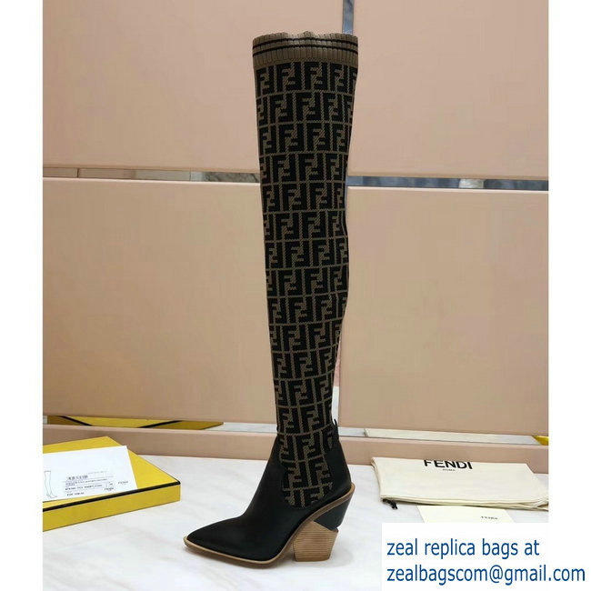 Fendi Heel 10cm All-Over FF Stretch Fabric Stocking Thigh-High Boots Brown 2018