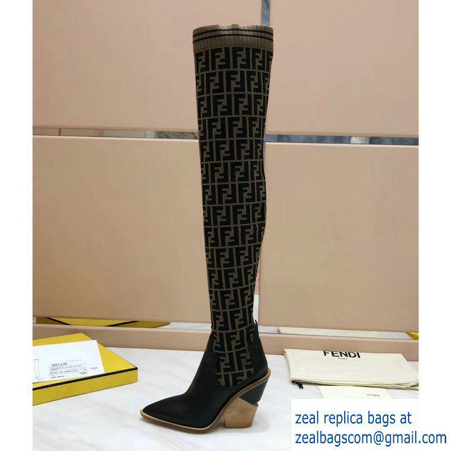 Fendi Heel 10cm All-Over FF Stretch Fabric Stocking Thigh-High Boots Brown 2018 - Click Image to Close