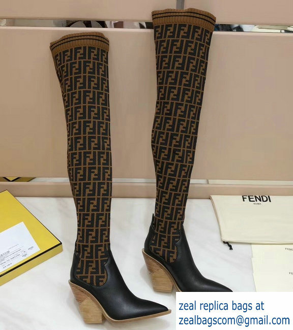 Fendi Heel 10cm All-Over FF Stretch Fabric Stocking Thigh-High Boots Coffee 2018 - Click Image to Close