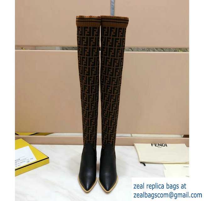 Fendi Heel 10cm All-Over FF Stretch Fabric Stocking Thigh-High Boots Coffee 2018 - Click Image to Close