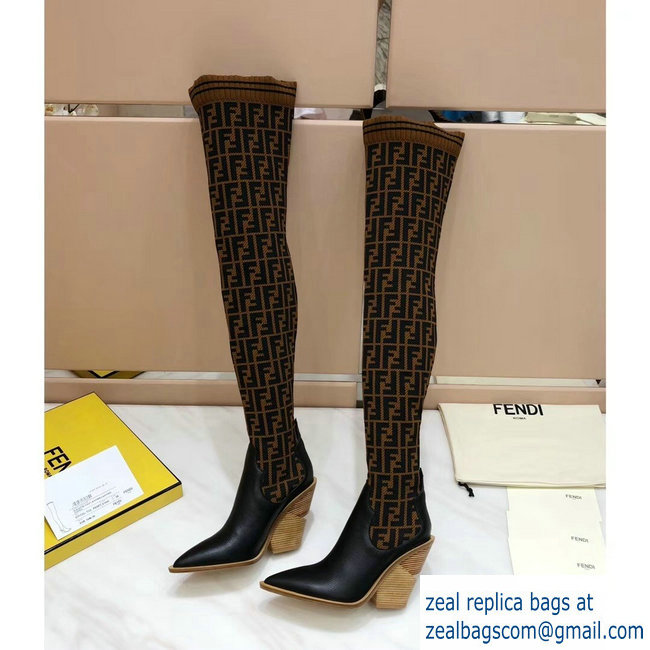 Fendi Heel 10cm All-Over FF Stretch Fabric Stocking Thigh-High Boots Coffee 2018 - Click Image to Close