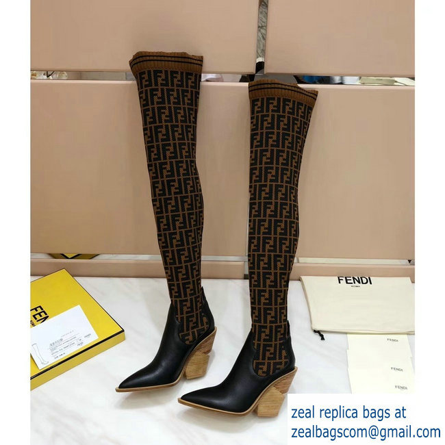 Fendi Heel 10cm All-Over FF Stretch Fabric Stocking Thigh-High Boots Coffee 2018