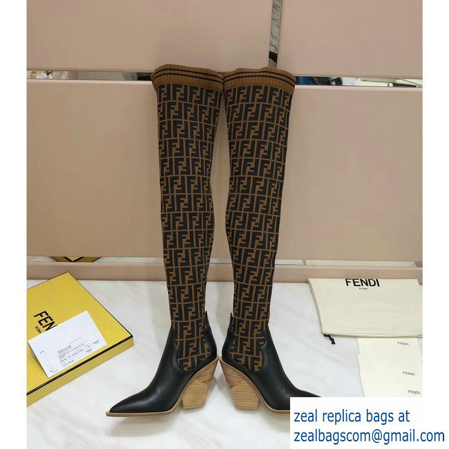 Fendi Heel 10cm All-Over FF Stretch Fabric Stocking Thigh-High Boots Coffee 2018