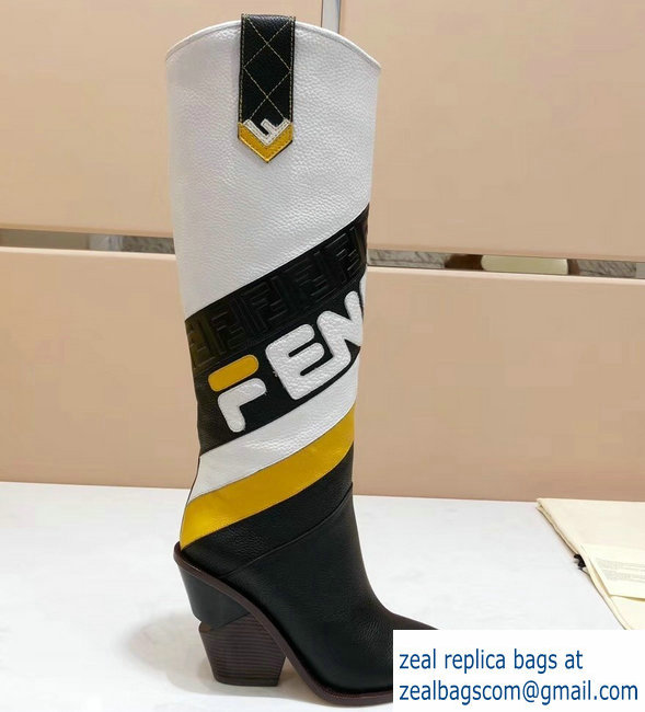 Fendi Heel 10cm Mania Logo High-Leg Pointed Toe Cowboy Boots Black/White/Yellow 2018 (Top Quality) - Click Image to Close
