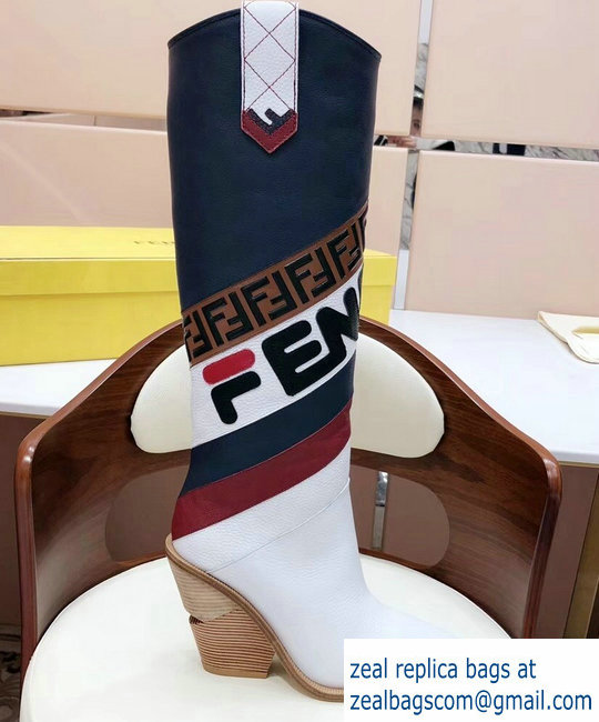 Fendi Heel 10cm Mania Logo High-Leg Pointed Toe Cowboy Boots White/Blue/Red 2018 (Top Quality) - Click Image to Close