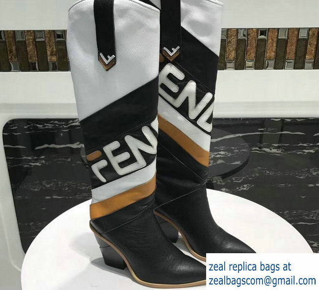 Fendi Heel 9cm Mania Logo Pointed Toe Cowboy Boots Black 2018 - Click Image to Close