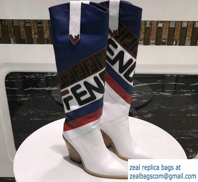 Fendi Heel 9cm Mania Logo Pointed Toe Cowboy Boots White 2018 - Click Image to Close